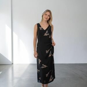 Vintage 90s Spenser Jeremy Silk Calla‎ Lily Wrap Midi Dress 10 Black Floral Art